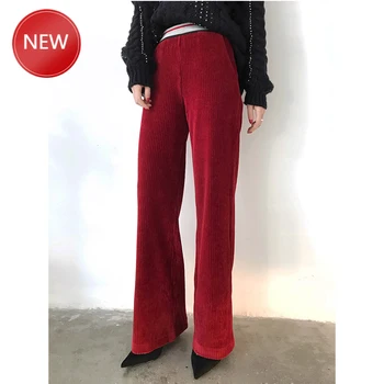 

High Quality New Design Fall Winter 4 Colors Solid Elastic Waist Wide Leg Thick Casual Trousers Corduroy Long Pants
