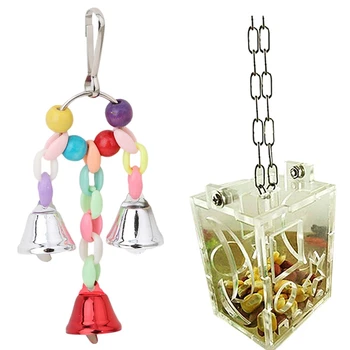 

1Pcs Parrot Bird Toys Metal Ring Bell Hanging Cage Toys & 1Pcs Parrot Feeding Box Pet Bird Foraging Feeder Boxes