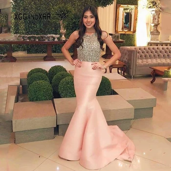 

YiMinpwp Pink Mermaid Prom Dresses Jewel Sweep Train Crystal Beads Long Formal Evening Party Gowns Custom