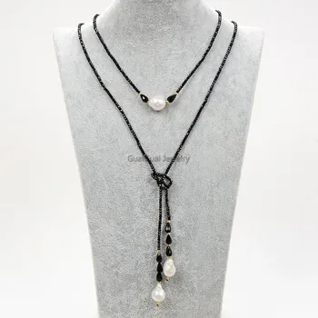 

GG Jewelry 51" Natural Faceted Black Crystal Onyx Gems Stone White Keshi Pearl Long Necklace