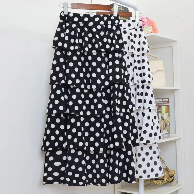 

SETWIGG Summer Polka Dotted Cakee Layered Long Chiffon Skirts High Elastic Waist High Low Tiered Ruffles Calf A-line Long Skirts