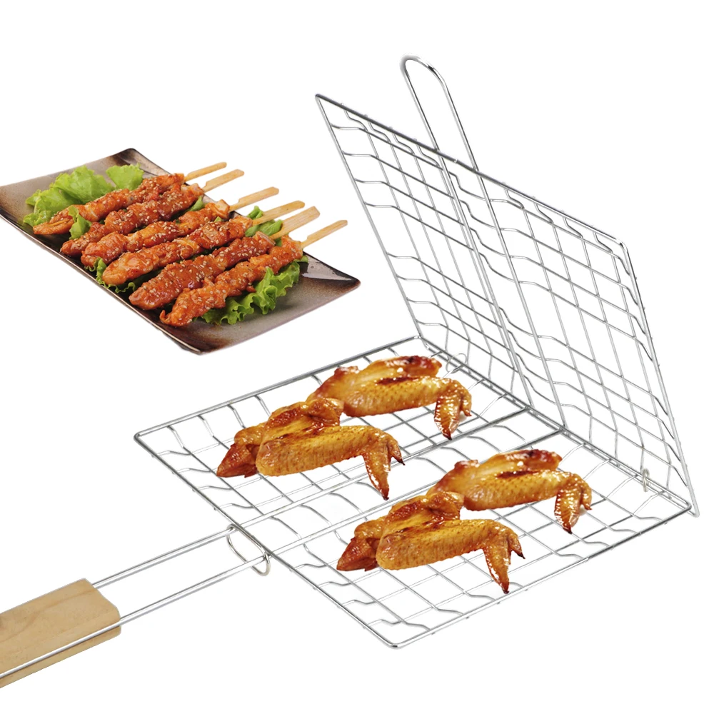 Grilling Basket Foldable BBQ Grill Mat Meat Fish Clip Holder Wooden Handle Grill Mesh Stainless Steel Barbecue Grilling Reusable smoker accessories,grill replacement parts