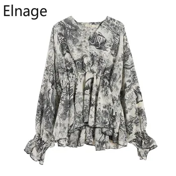 

Elnage Korean V Neck Blouse Long Sleeve Women Tops Slim Waist Printed Chiffon Shirts Female Spring Loose Retro Clothes 5A677
