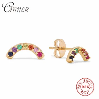 

CANNER Tiny Geometric Crystal Stud Earrings for Women 2019 Fashion Rainbow CZ Small Earring 925 Sterling Silver Earrings Jewelry