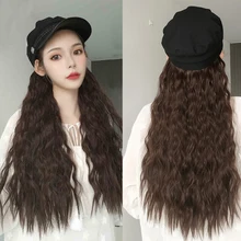 Длинные кудрявые парики со шляпой синтетические натуральные накладные волосы для женщин осень зима мода парик Восьмиугольные шляпы