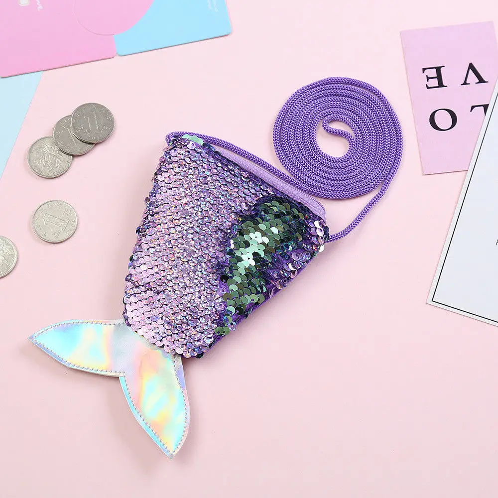 Мультяшная Сумочка русалки для девочек с блестками, мини-сумка через плечо для маленьких девочек, женская сумка-мессенджер для девочек, детская сумка, дорожная пляжная сумка - Цвет: Фиолетовый