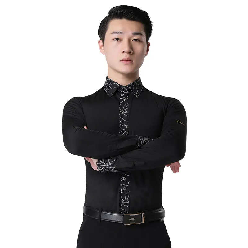 

Новая рубашка для латинских танцев, Мужская одежда для латинских танцев, сальса, Румба, танец чача, длинный рукав, тренировочный костюм для выступлений