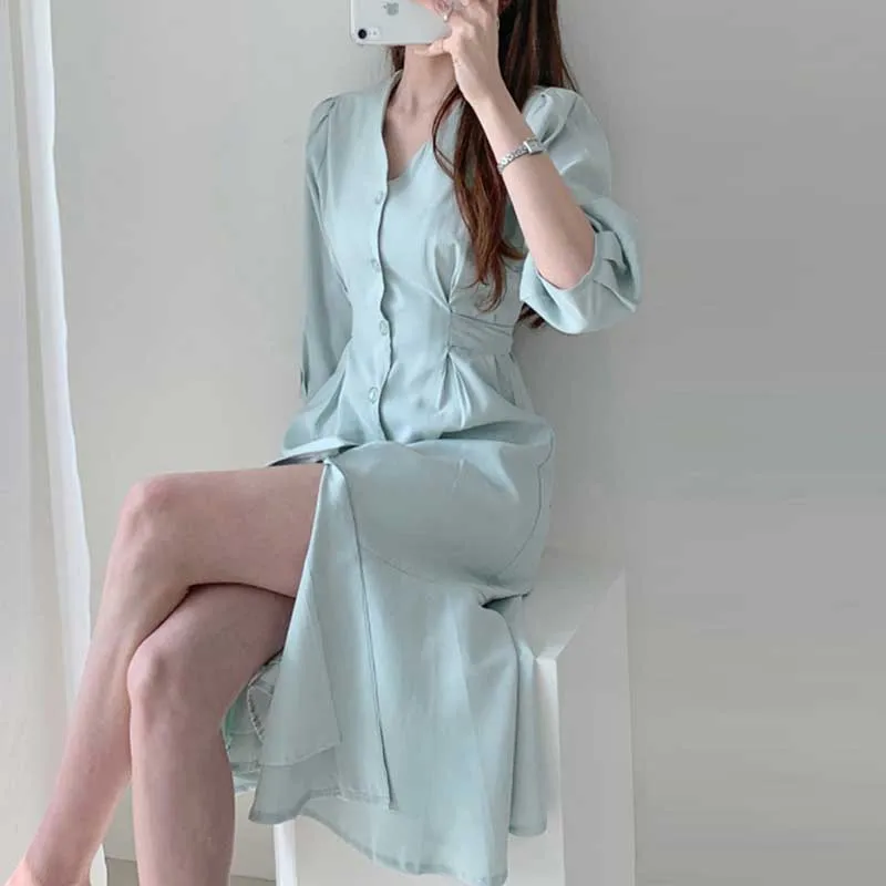 One-Piece For Female Sundress 2020 Summer V-Neck Single Breasted High Waist Slim Ruffled Fishtail Dress Korean Elegant Dresses