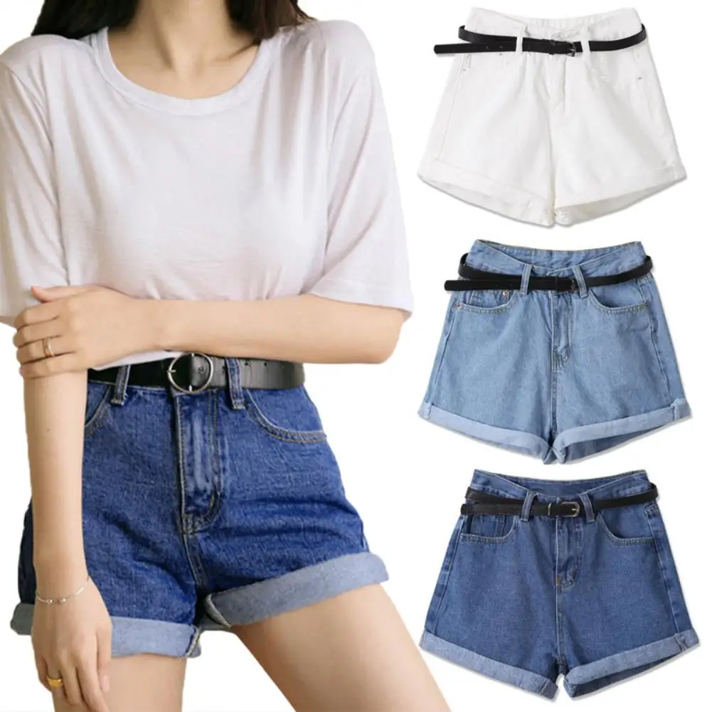 2020 Hot Sale Women Summer Solid Color High Waist Cuffed Stretch Elastic Wide Leg Pocket Short Jeans Denim Shorts S-2XL | Женская одежда
