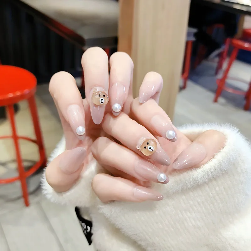 24 шт. дымчато-фиолетовый маленький медведь съемные накладные ногти с клеем