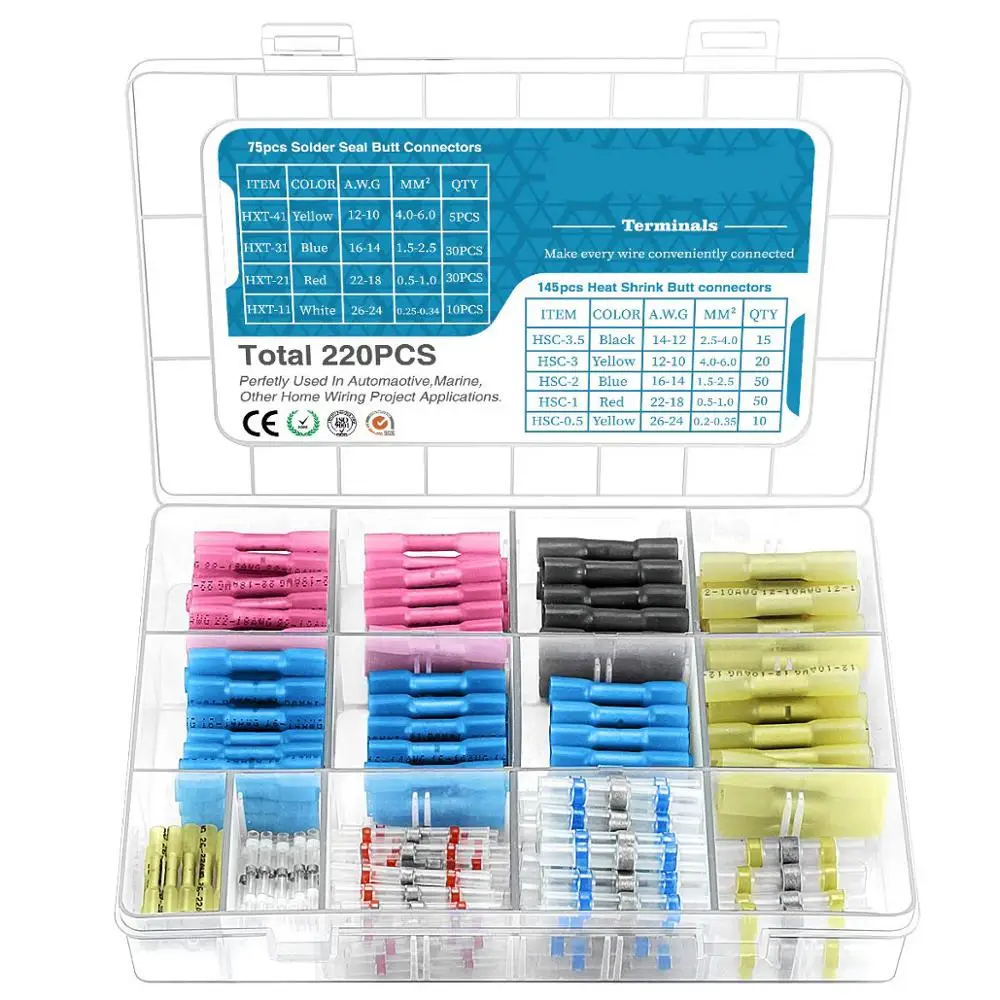 220PCS Heat Shrink Connector, Qibaok Solder Seal Wire Connectors and Heat Shrink Butt Crimp Connectors Electrical Wire Terminals