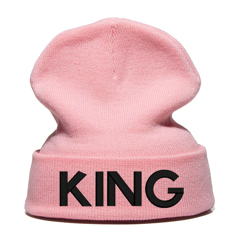 King Letter Beanie Hat Skullie шапка, вязаная шапка-носок зимняя Осенняя вязаная вышивка Кепка в стиле хип-хоп Мужская и женская Подростковая Кепка для уличных танцев черная - Цвет: pink black