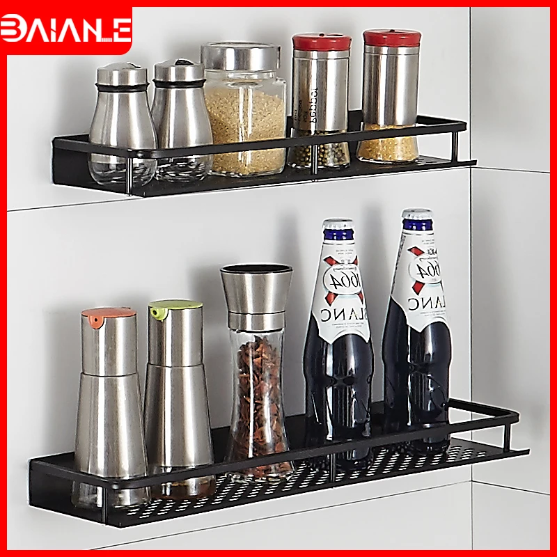 Kitchen Rack Organizer Aluminum Kitchen Shelf Storage Rack Seasoning Spice Rack Wall Mounted Bathroom Shelf Black Shampoo Holder