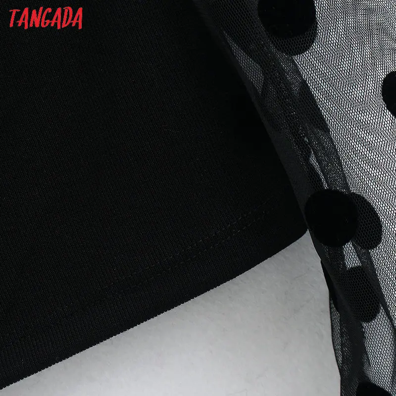 Tangada, Женская шикарная блузка в горошек, сетчатая, Лоскутная, с длинным рукавом, тянущиеся, черные рубашки, женские повседневные, шикарные, кроп-топы, blusas BE190