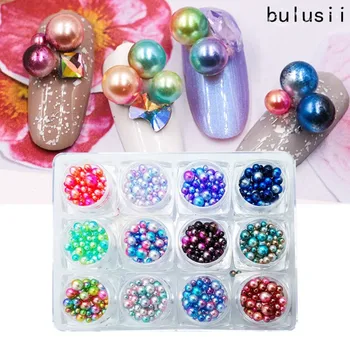 

1 Box 12 Colors Charms Gradient Pearls Round Shiny 3D Nail Art Beads DIY Crafts