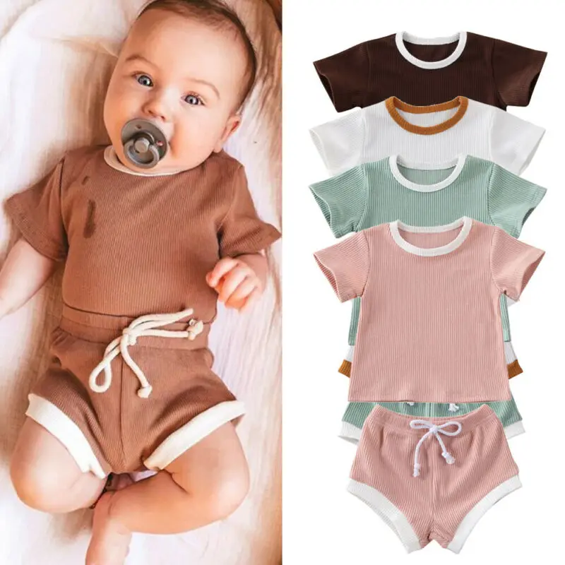 Комплекты одежды для маленьких девочек и мальчиков однотонные вязаные топы с короткими рукавами, футболка+ шорты штаны Одежда 4 цветов