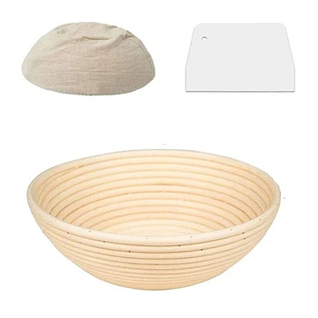

10 Inch Round Antiseptic Basket Mud Bread Banneton Brotform Bowl Set with Cloth Liner, Plastic Dough Scraper