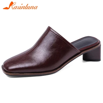 

Karinluna 2020 Dropship Fashion Design Genuine Leather Heels Summer Skin Mules Pumps Women Shoes Woman