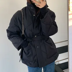 2021 Moda Inverno das mulheres Versátil Gola Alta Diamante Grade de Algodão Mais Quente Bolso Grande Lace Up Cintura Algodão куртка женская