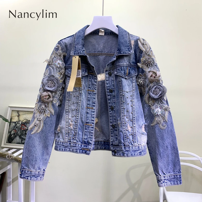 

2019 Autumn New Fashion Heavy Beads Embroidered Three-dimensional Flowers Broken Hole Cowboy Jacket Women's Denim Jacket Coats