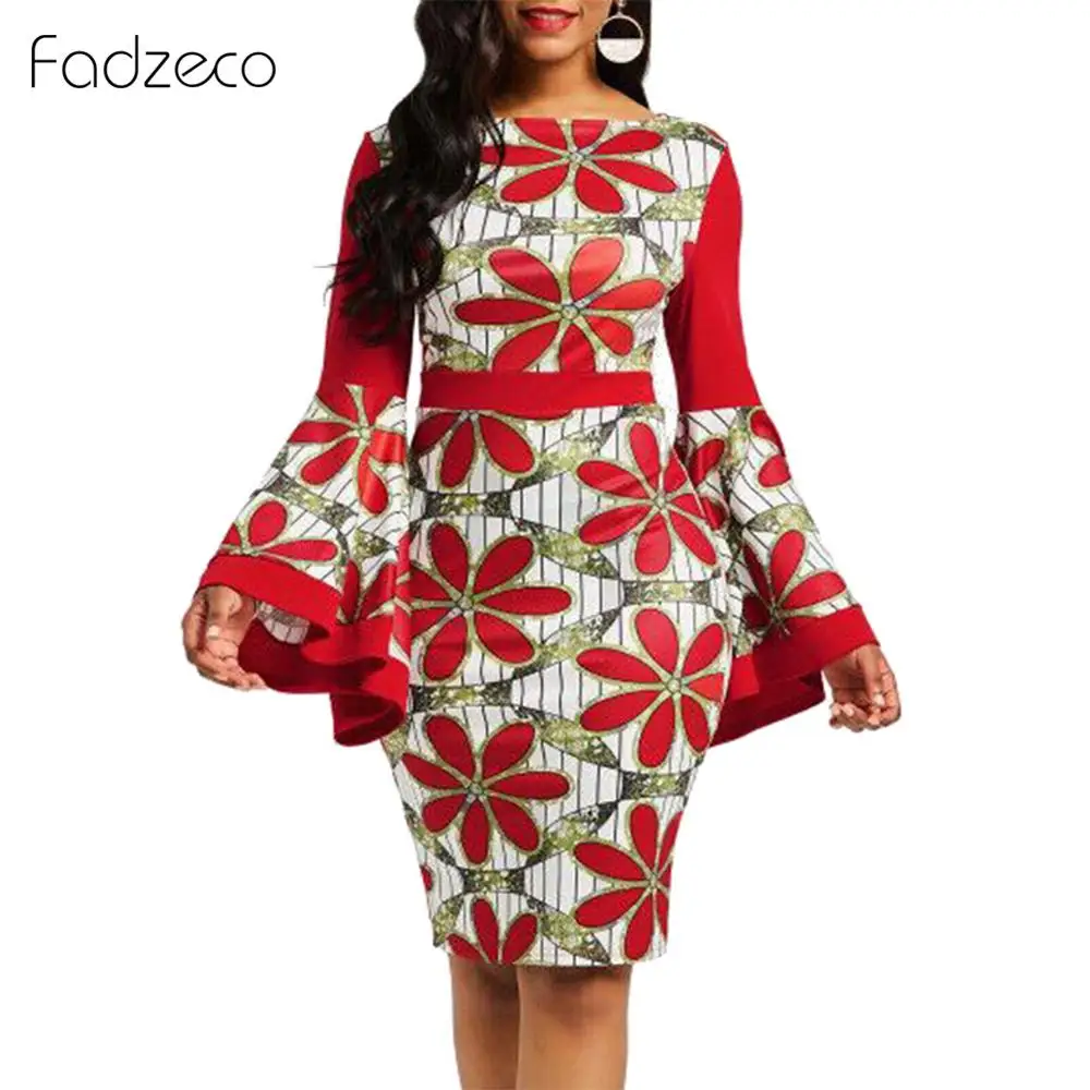 

Fadzeco African Long Dresses for Women Dashiki Summer Ruffle Sleeve O Neck Ethnic Bodycon Pencil Dress Tribal Print Midi Dress