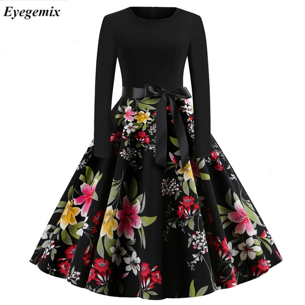 Polka Dot Midi Dress Women Casual Slim Plus Size Floral Print Spring Autumn Dresses 1950S 60S Vintage Rockabilly Pin Up Vestidos |