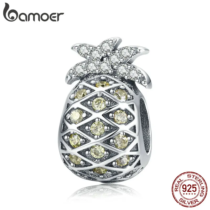 BAMOER Аутентичные 925 пробы серебро Лето Ананас Фрукты Кристалл CZ бусины подходят браслеты Шарм DIY ювелирные аксессуары SCC936