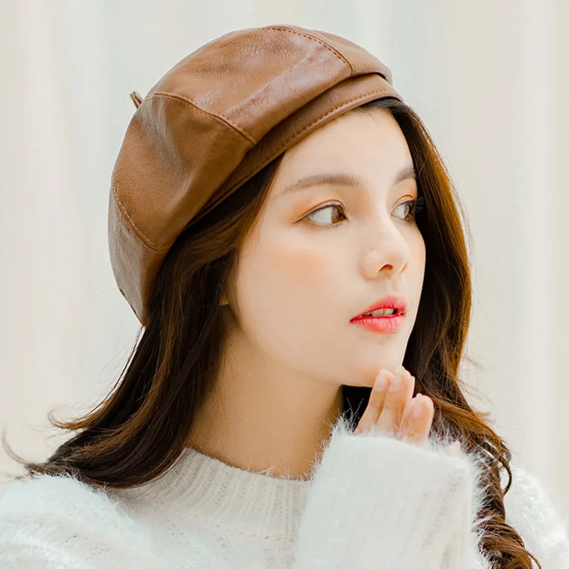 Autumn Winter Fashion Women PU Beret Outdoor Painter Hat British Style Casual Pumpkin Octagonal Hat
