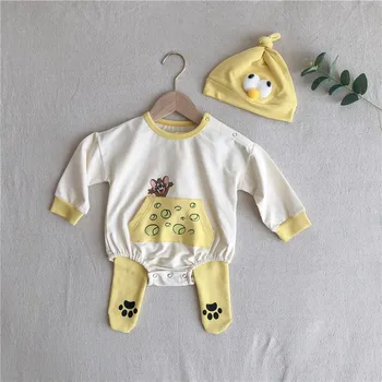 

5440 Autumn New Baby Creeper Suit Cartoon Mouse Embroidery Bottoming Romper + Legged Pants + Hat 3 Piece Set Boys Girls Suit