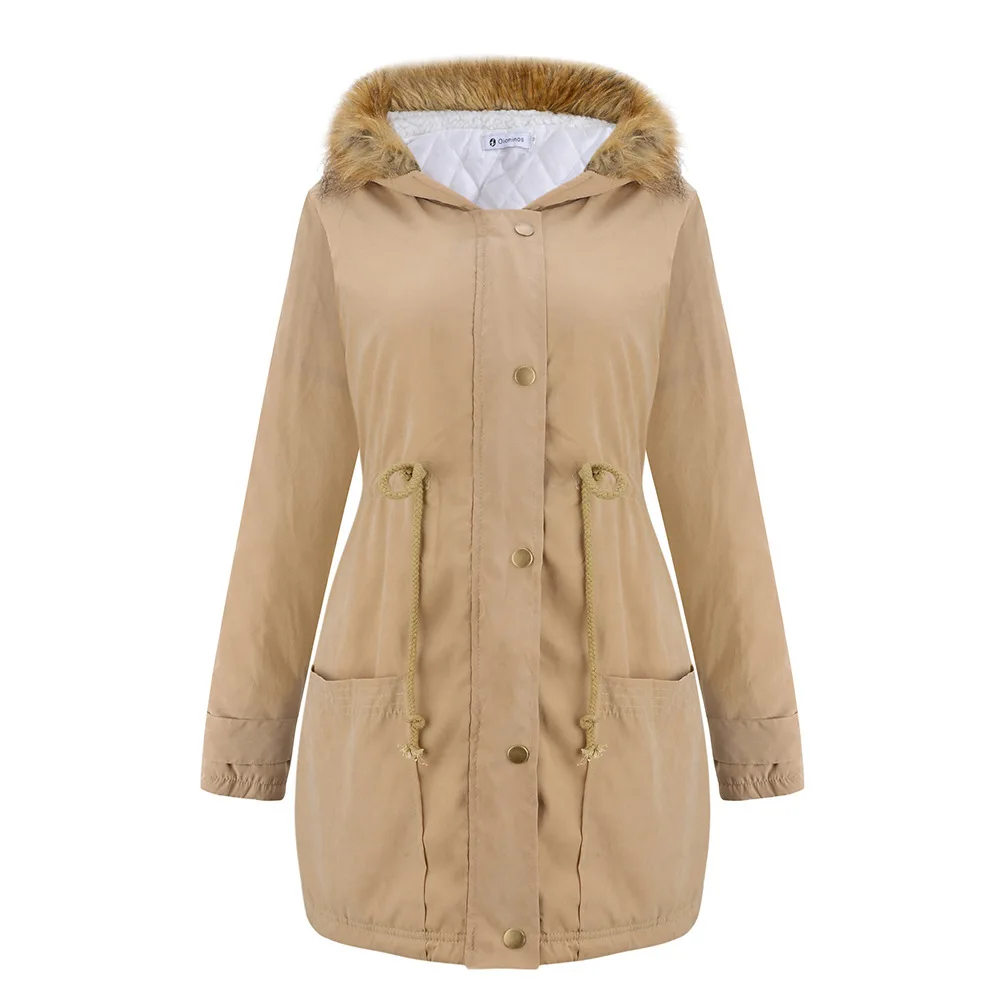 

Factory Price Autumn And Winter Thick Warm Loose And Plus-sized Berber Fleece Drawstring Waist Hugging Fur Collar Mid-length Cot