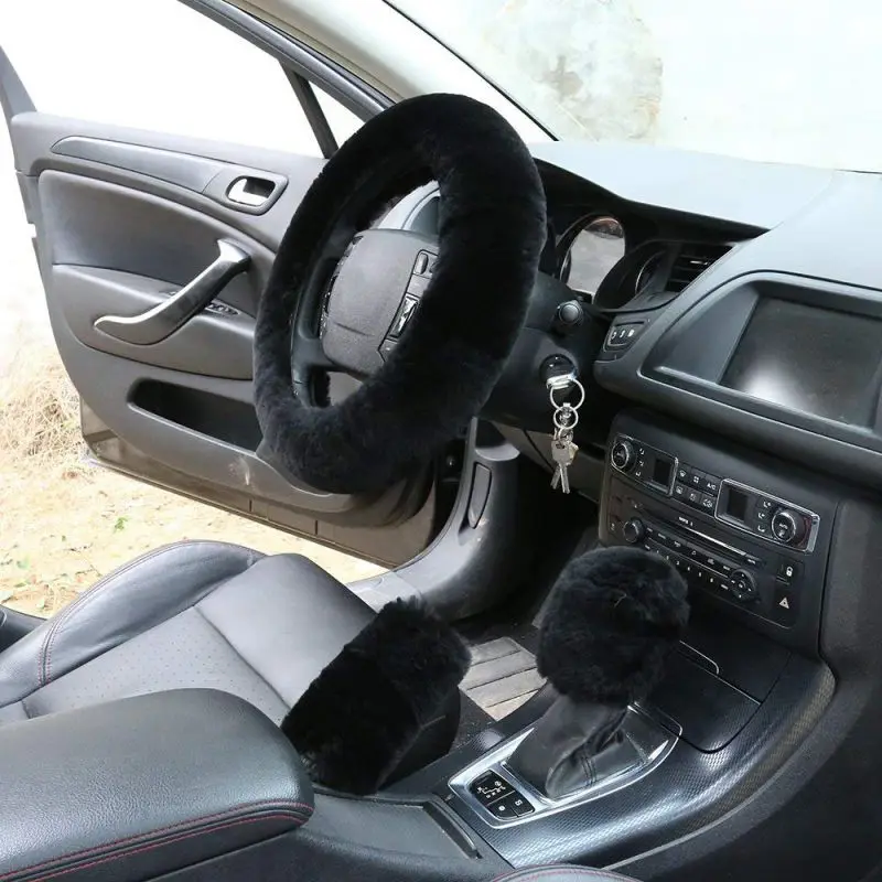 Универсальные зимние Плюшевые Чехлы рулевого колеса автомобиля из искусственного меха для ручного тормоза и шестеренки, набор аксессуаров для салона автомобиля 38 см