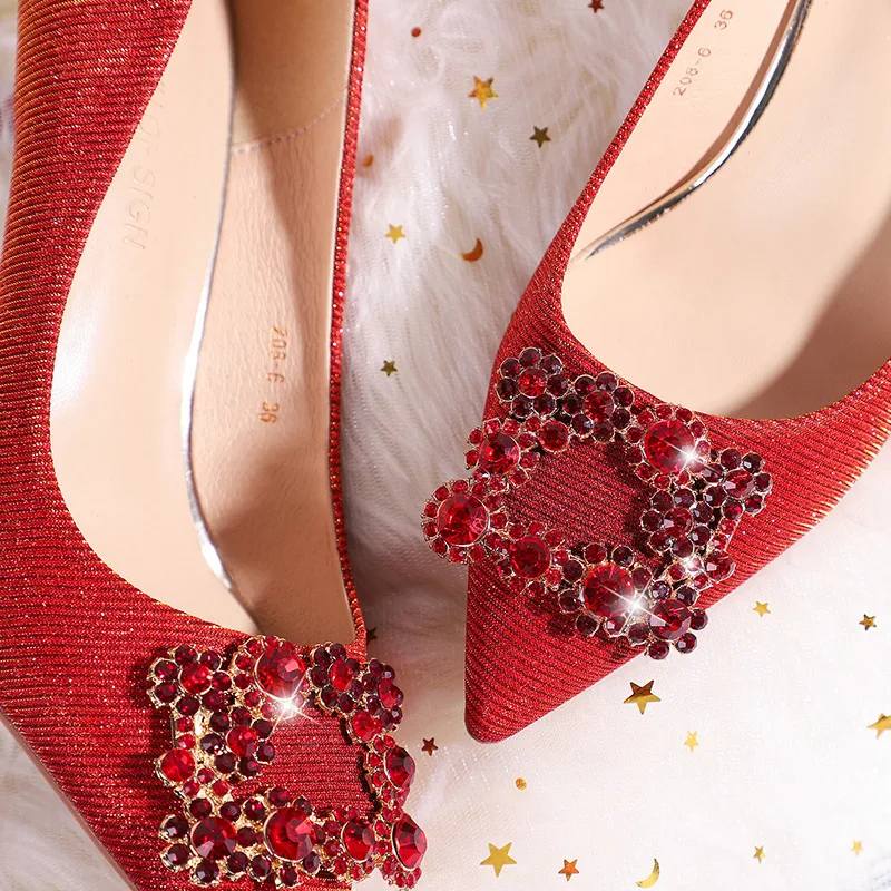 Sexy Pumps Wedding Women Fetish Shoes women pumps Rhinestones None-Woven Slip On 6.5CM Thin High Heels Pointed Toe Shallow