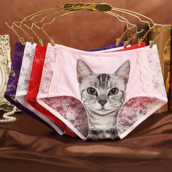 

Cartoon 3D Cat Pattern Girl Lace Briefs Female Underwear Women's Panties