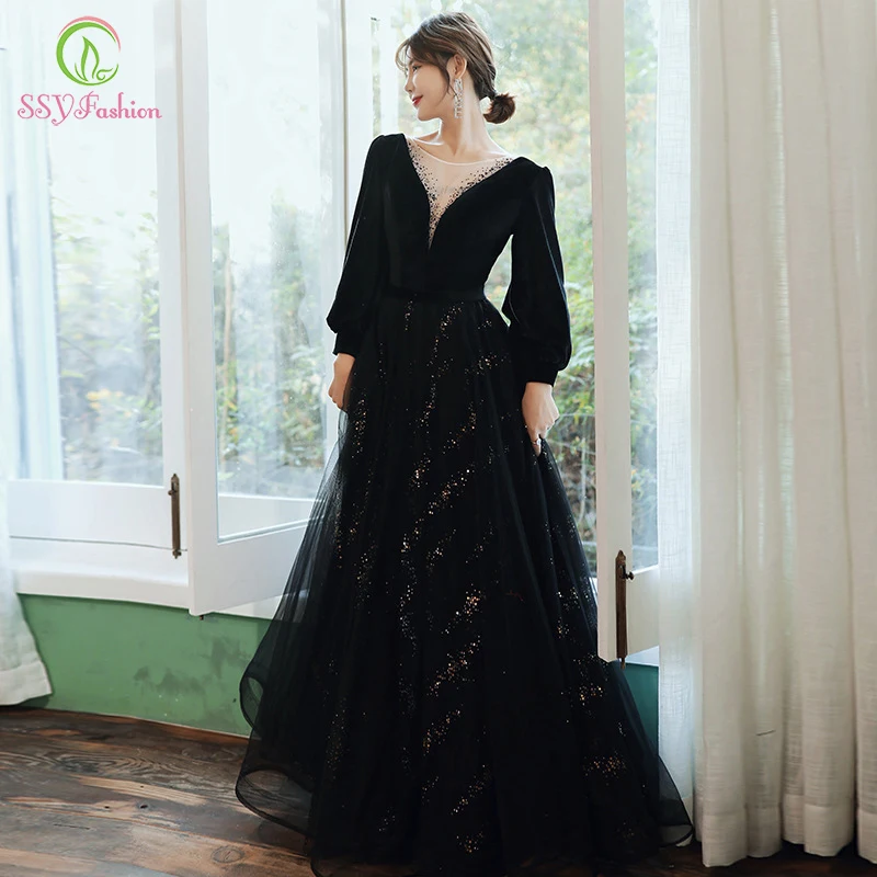 Женское банкетное платье SSYFashion Элегантное Черное вечернее с глубоким круглым