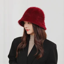 

High Quality 2022 Fashion Women's Solid color Rabbit Fur Bucket Hat Fishing Lady Fisherman For Winter Hat Woman