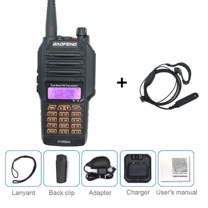 BAOFENG UV-9R PLUS 10 Вт Высокая мощность Водонепроницаемая рация UHF VHF 4800 мАч морской CB Ham Радио Рыбалка КВ трансивер UV 9R - Цвет: add earpiece