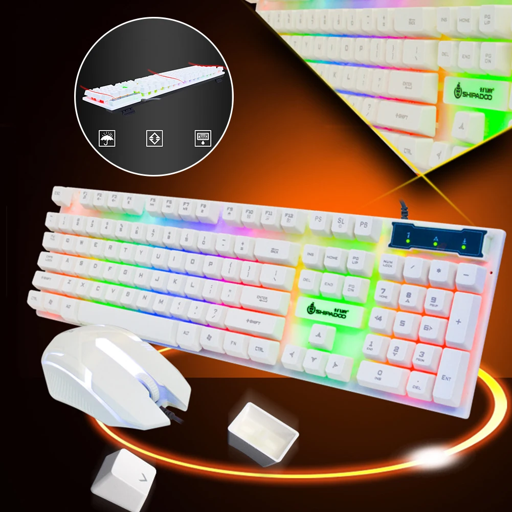 Настольная эргономичная светящаяся Радужная цветная светодиодная игровая Регулируемая Проводная Подсветка клавиатура мышь набор офис USB ABS для дома