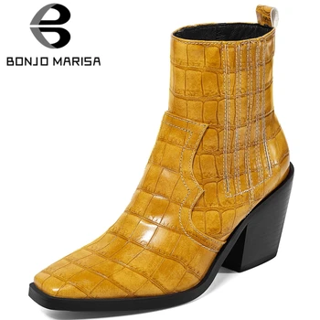 

BONJOMARISA New Cool Female Square Toe Trendy mixed-color Ankle Chelsea Boots Women High Heels Autumn Shoes Woman