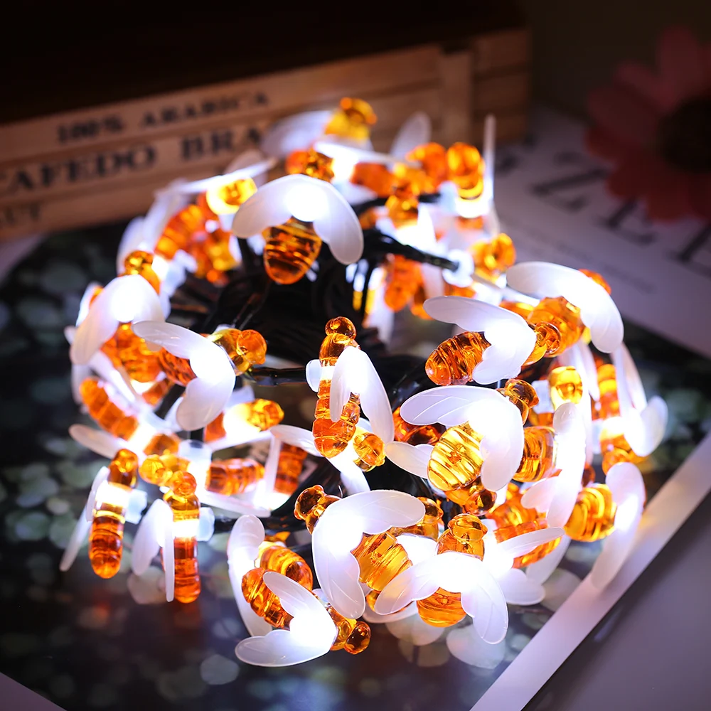 Solar Powered Garden String Light 7m/22.97ft 50 Beads Honey Bee Fairy String Lights IP65 Waterproof Outdoor for Party Garden