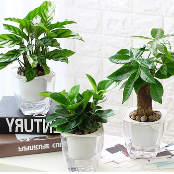 

Square ABS Decoration Portable Flowerpot Planter Container Transparent Self Watering Desktop Office DIY Home Double Layers