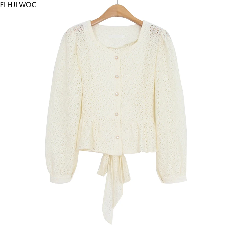 Hollow Out Crochet Lace Chic Short Crop Tops Cute Lolita Sweet Girls Peplum Lace-Up Bow Tie Blouse Single Breasted Button Shirt 4