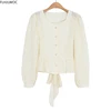 Hollow Out Crochet Lace Chic Short Crop Tops Cute Lolita Sweet Girls Peplum Lace-Up Bow Tie Blouse Single Breasted Button Shirt 4