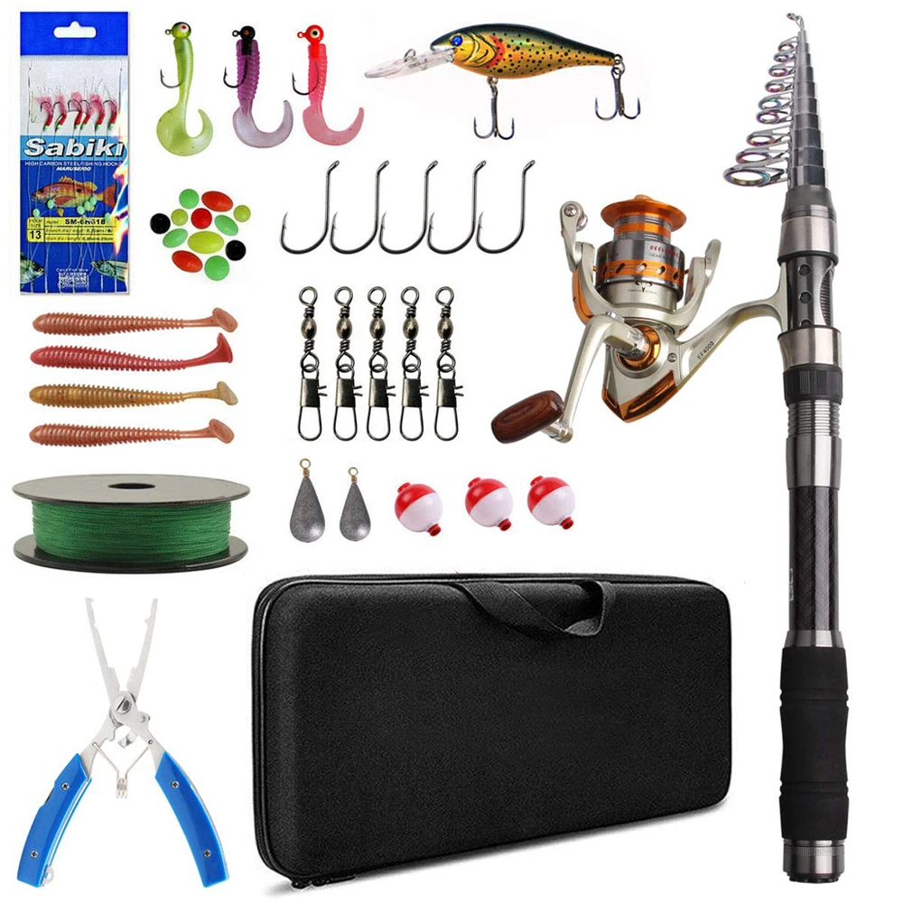 

Fishing Rod Combo And Reel Kit Carbon Fiber Telescopic Spinning Portable Fishing Pole With Line Lures Hooks Plier Swivels Sinker