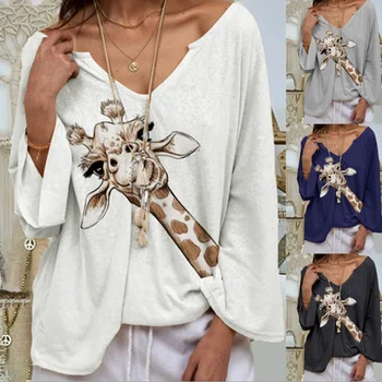 

Animal Print Solid Sexy V-neck Loose Blouse Women Three Quarter Sleeve Casual Female Blouses 2020 Autumn Womens Top Plus Size