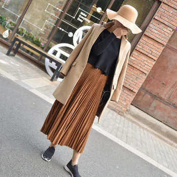 

2019 Women Autumn Long Pleated Skirts Vintage Skirt Women's Suede Skirt Winter Mid Length Skirt Two Layer