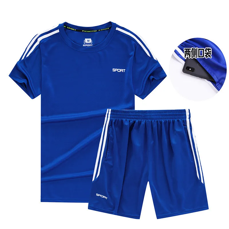 Мужские спортивные костюмы быстросохнущие наборы для бега мужские s футболки+ спортивные шорты спортивные костюмы мужские спортивные рубашки для бега для фитнеса костюм 5XL - Цвет: Синий