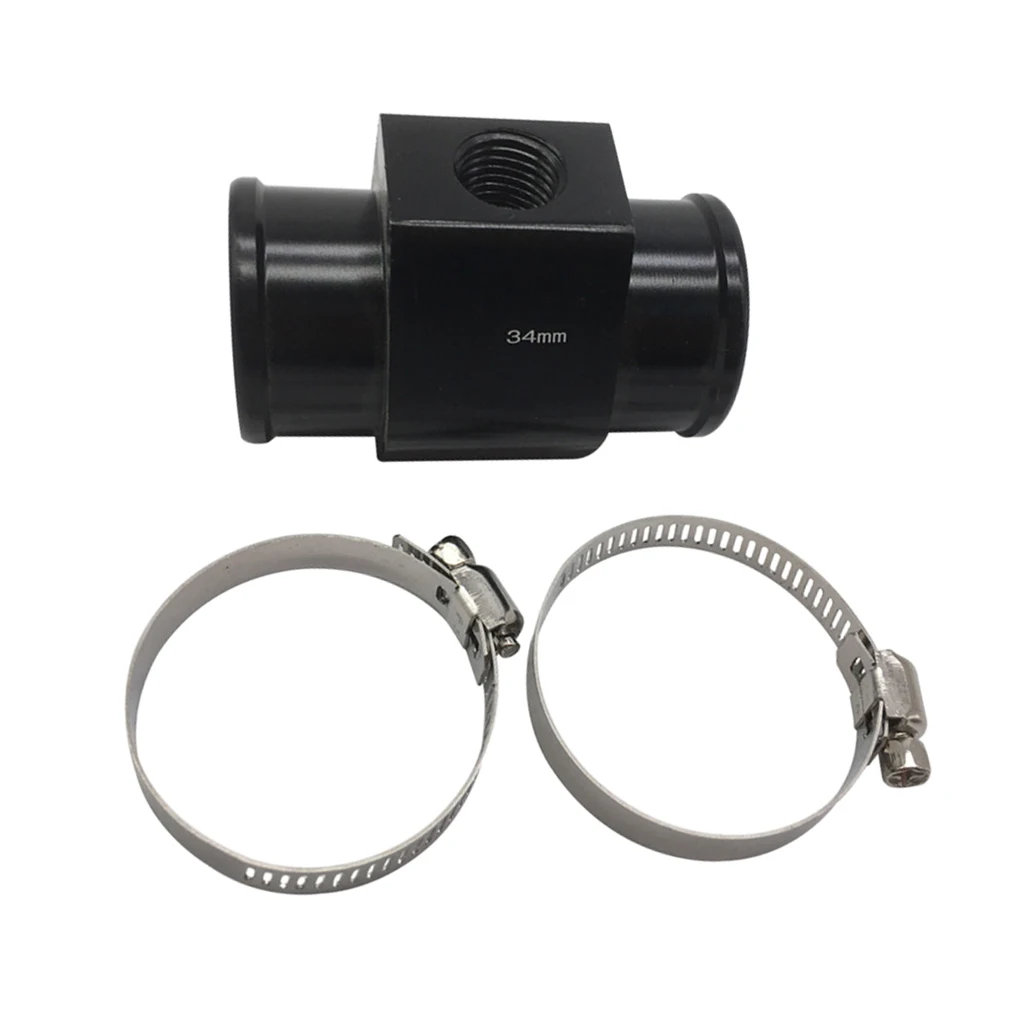 34mm Water Temperature Joint Pipe Temp Sensor Gauge Radiator Hose Adapter, Aluminum, w/ Two Clamps