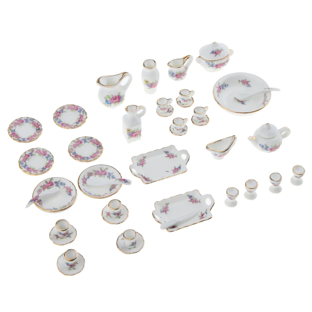 40pcs Dollhouse Miniatures Rose Flowers Ceramic Tea Set Pot Cup Plate