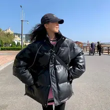 

Women parkas winter jackets leather cotton padded coat zipper stand-up collar lovers thick warm Korean streetwear fashion tops