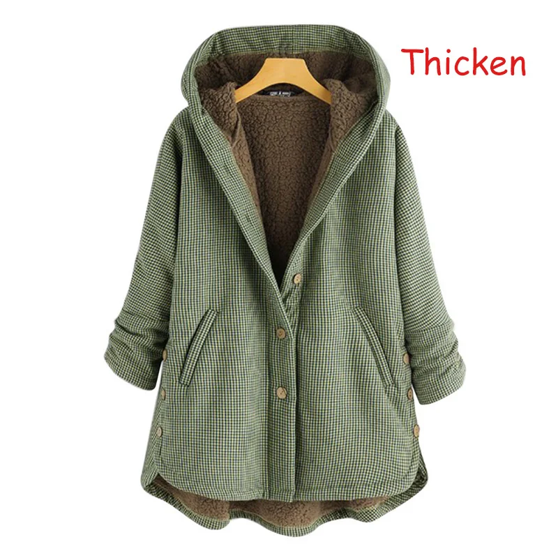 Green-Thicken Vertvie, зимнее женское клетчатое пальто, винтажное, с длинным рукавом, теплое, утолщенное, однотонное, верхняя одежда, на пуговицах, с капюшоном, пальто, повседневное, свободного размера плюс - Цвет: Green-Thicken